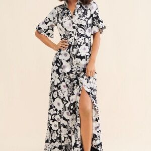 Anthropologie Black and White Maxi Dress with Flutter Sleeves